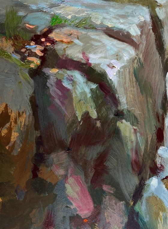 Image 1 of Original Oil Painting Summer Nature Landscape Mountain waterfall
