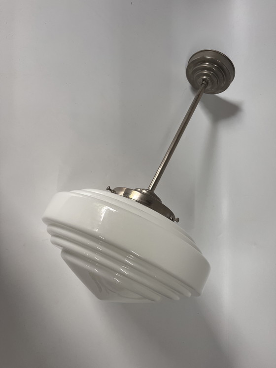 Image 1 of Lampada da soffitto vintage gispen lampada da sala in vetro bianco a pendolo cromo