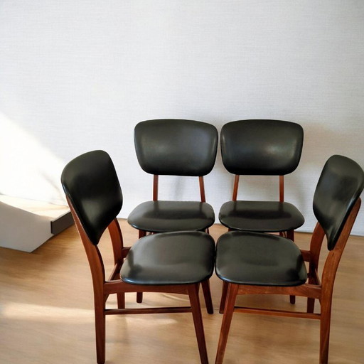 4 x vintage teakhouten eetkamerstoelen met echt leren (zwarte) bekleding