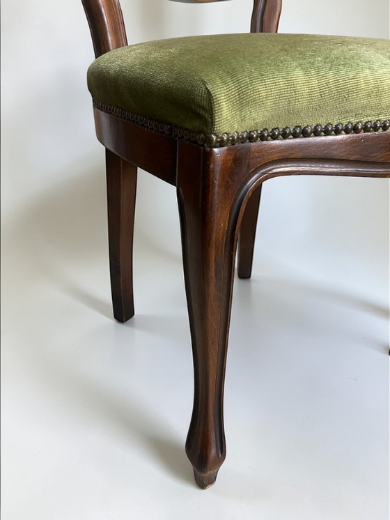 Image 1 of Vintage Holzstuhl im Louis-Philippe Stil | Grüner Polsterstuhl | Antiker Esszimmerstuhl | Massivholz Stuhl Shabby Chic