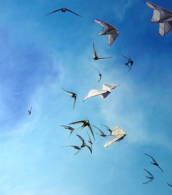 Origineel olieverfschilderij, moderne kunst, symboliek, lucht, vogels, luchtcorridor (photo 7 of 7)