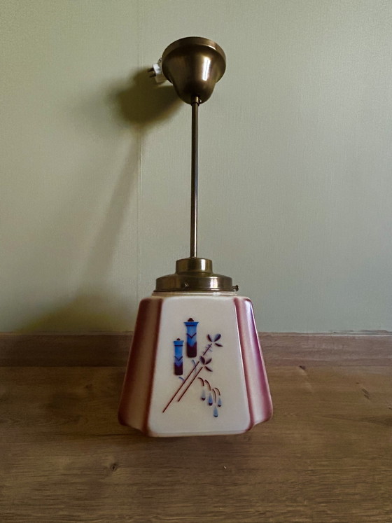 Exklusive Art-Deco-Pendelleuchte aus den 1930er-Jahren – Sechseckiges Opalglas mit Sprühdekor – Art Deco (photo 3 of 9)