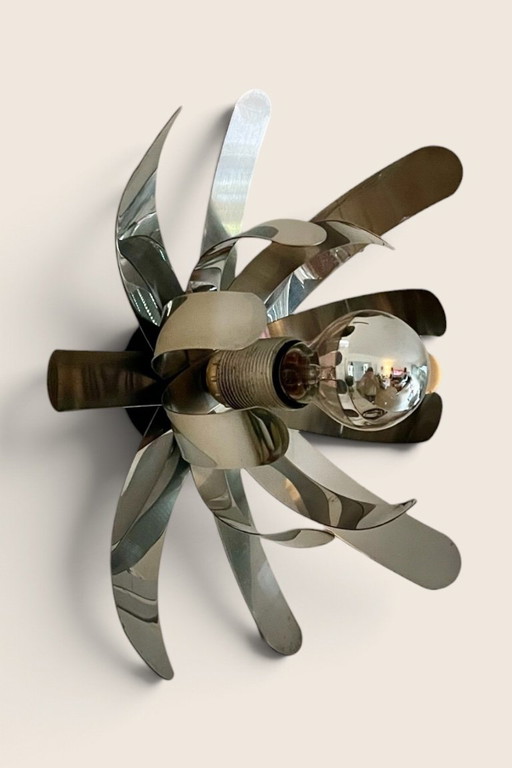 Vintage chrome steel flower Wall light, 70s, Space Age, Michel Boyer