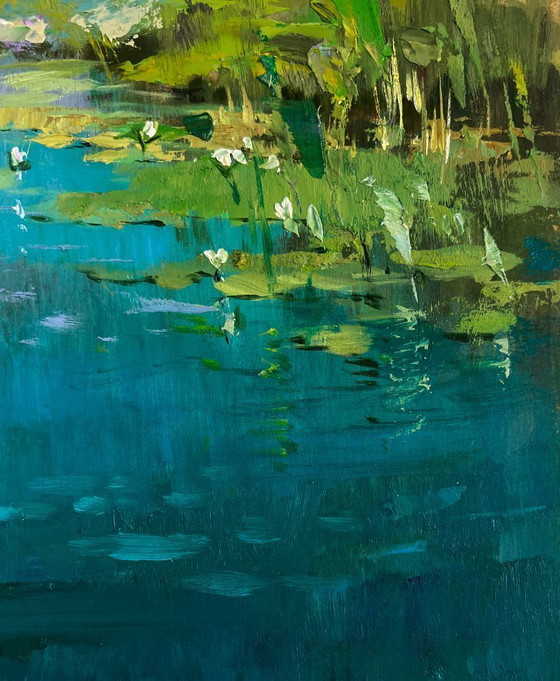 Image 1 of Original Oil Painting Summer River Landscape A girl washes herself at a pond