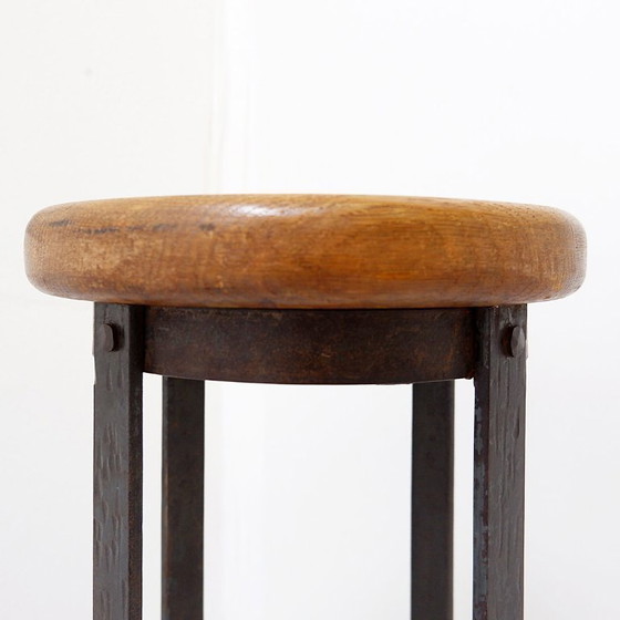 Image 1 of Pair of brutalist bar stools in oak and wrought iron, 1960s