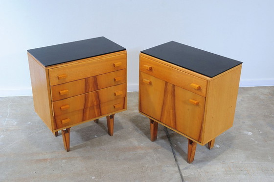 Image 1 of Mid Century Nightstands Ash Veneer & Black Glass František Mezulánik Nový Domov 1970s Czechoslovakia
