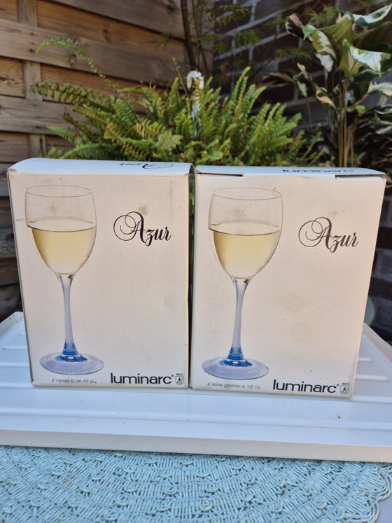 Vintage Luminarc Azur Wine Glasses, Set of 7 – Original Box – Made in France (blue stem) – Glass & Decanter (photo 4 of 12)