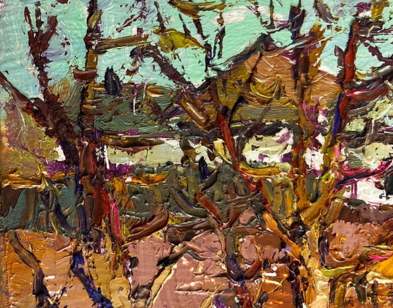 Image 1 of Original Oil Painting Spring Village Landscape Village with the approach of spring