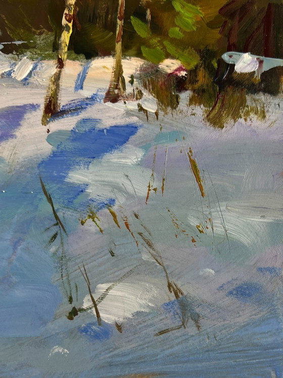 Image 1 of Original Oil Painting Snowy Trees Landscape Sunny winter forest
