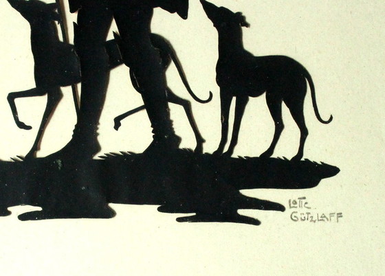 Image 1 of Silhouet antieke Lotte Gützlaff - ca. 1910 - met de hand gesigneerd - "Der Alte Fritz mit Windhunden".