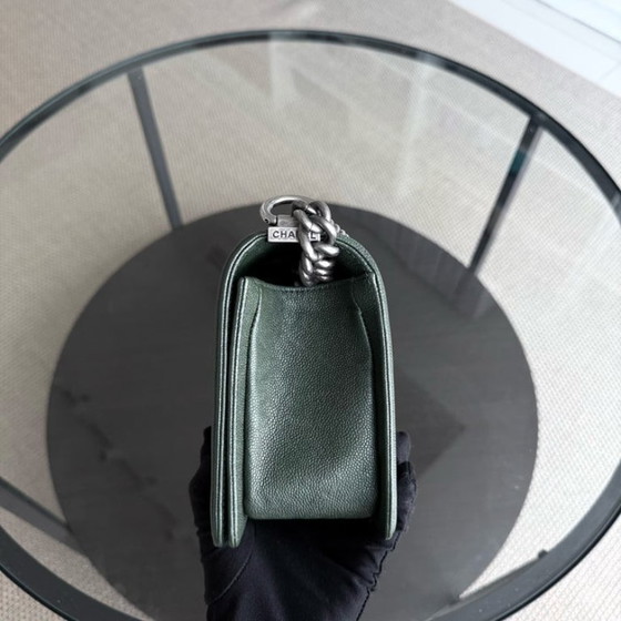 Image 1 of Chanel Boy Medium - Caviar 25CM Chevron Dark Green Ruthenium Silver Hardware Series 26