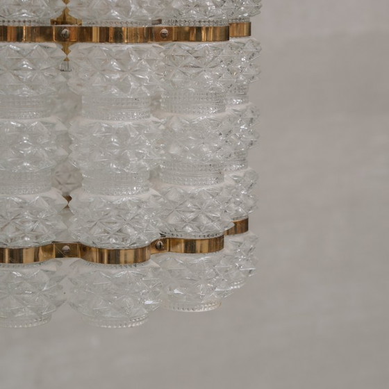 Image 1 of Swedish Mid-Century Brass and Glass Chandelier by Orrefors for Tyringe