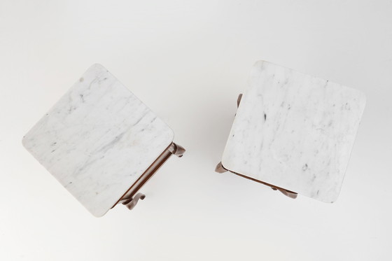 Image 1 of Pair of French Louis XV Style Nightstands in Oak with Carrara Marble Top