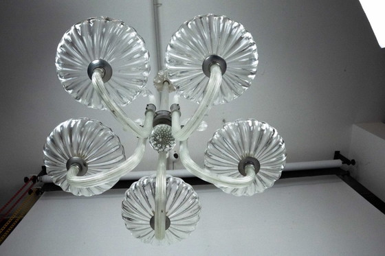 Image 1 of Rare Art Deco Italian Five-Arm Murano Glass Chandelier attributed to Seguso, 1940s