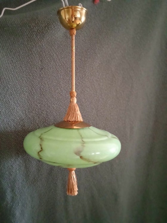 Image 1 of Duitsland 1930. Prachtige vintage Art Deco plafondlamp met groen opaalglas.