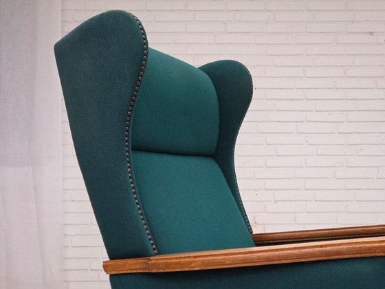 Image 1 of 1970s, Danish high back armchair, furniture wool, solid oak wood.
