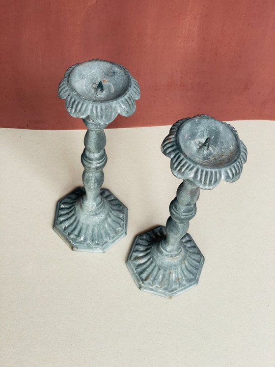 Pair of Antique Cast Iron Candlesticks, Victorian Style, Early 20th Century, Candle holders, Metal, Grey (photo 2 of 5)