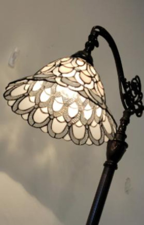 Image 1 of Tiffany Style Floor Lamp Arched Adjustable 62" Tall Stained Glass, Bronze finish