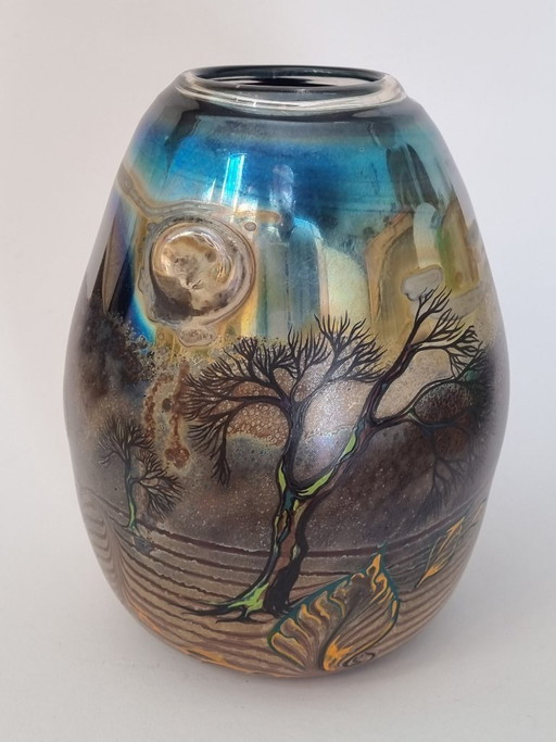 Eisch Studioglas Vase 1991 – Signed – Iridescent – Landscape Decor 18.5cm