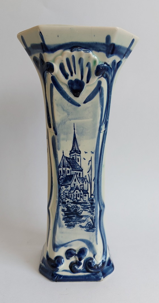 Image 1 of Delft hand painted blue and white pottery octagonal shaped vase 