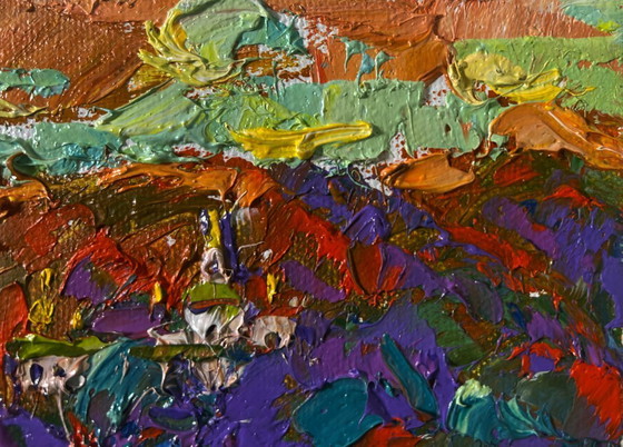 Image 1 of Original Oil Painting Sunset Houses Landscape Evening bell floats over the village