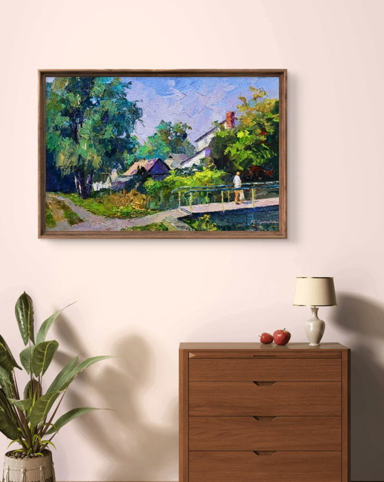Image 1 of Origineel olieverfschilderij: Landelijk landschap, zomerdorp, over de brug in het bos.