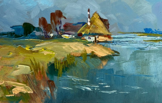 Image 1 of Original Oil Painting Summer River Landscape Summer flood of the river