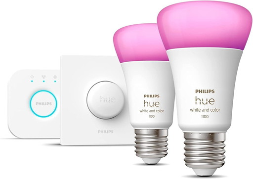 Philips Hue White and Color Ambiance, Kit de démarrage 2 ampoules connectées E27, 1100 lm, Pont et télécommande, compatible Blue