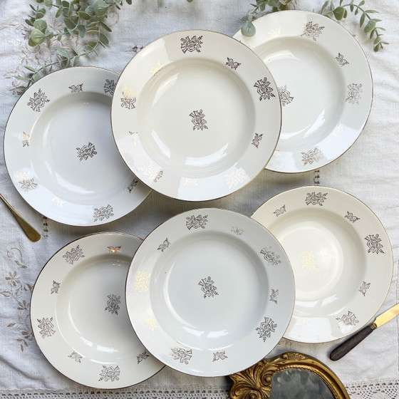 6 Vintage Digoin & Sarreguemines France 1950 Porseleinen Diepe Borden met Kleine Gouden Bloemen – Servies (photo 9 of 14)
