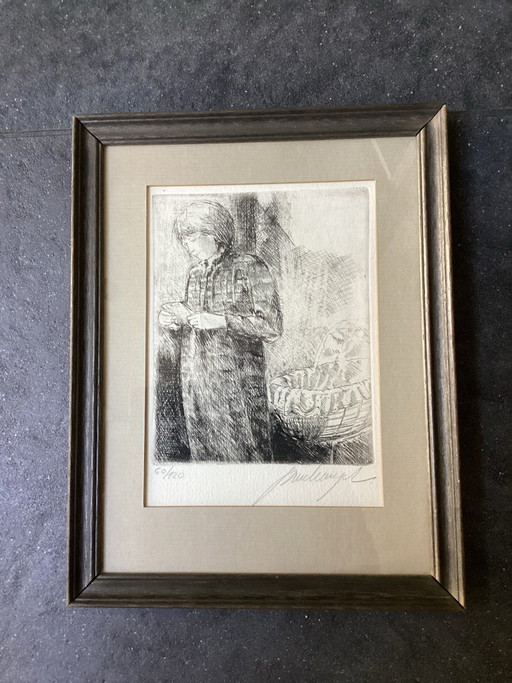 Paul van Eyck (1949 - 2009 )- Handgesigneerde litho (60/120 ) in houten kader. “ Moeder en kind “.