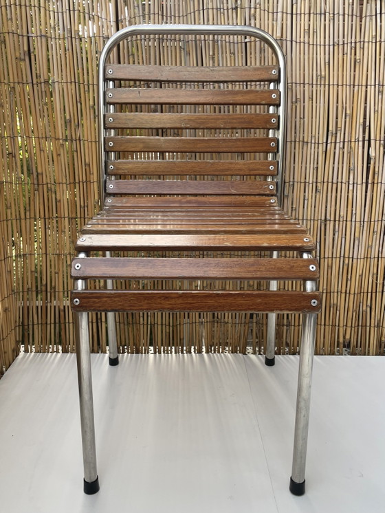 Image 1 of Franse bistrostoelen stapelbaar (set van 4) van chroom en hout