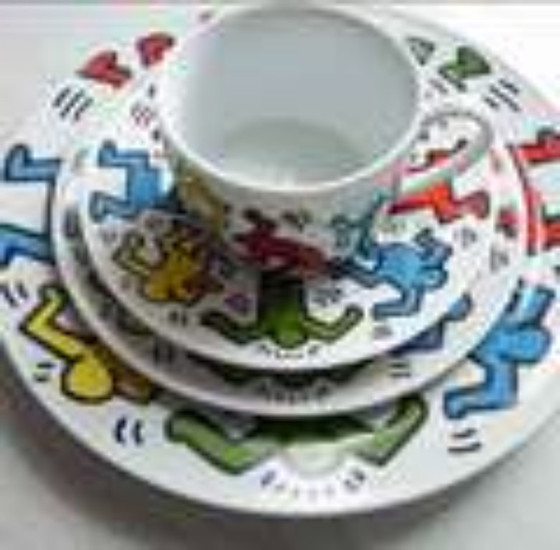 Image 1 of Keith Haring Dinnerware: 3 different sized plates, 1 coffee cup and saucer.