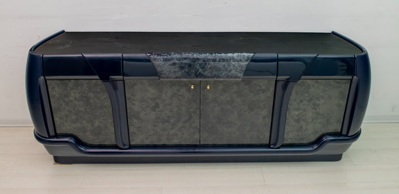Image 1 of Credenza postmoderna in lacca blu e marmo nero di DBM, Italia, anni '80