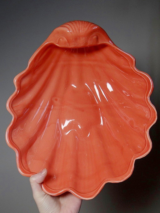 Large shell cup, stoup, Rococo style, Vintage salmon earthenware