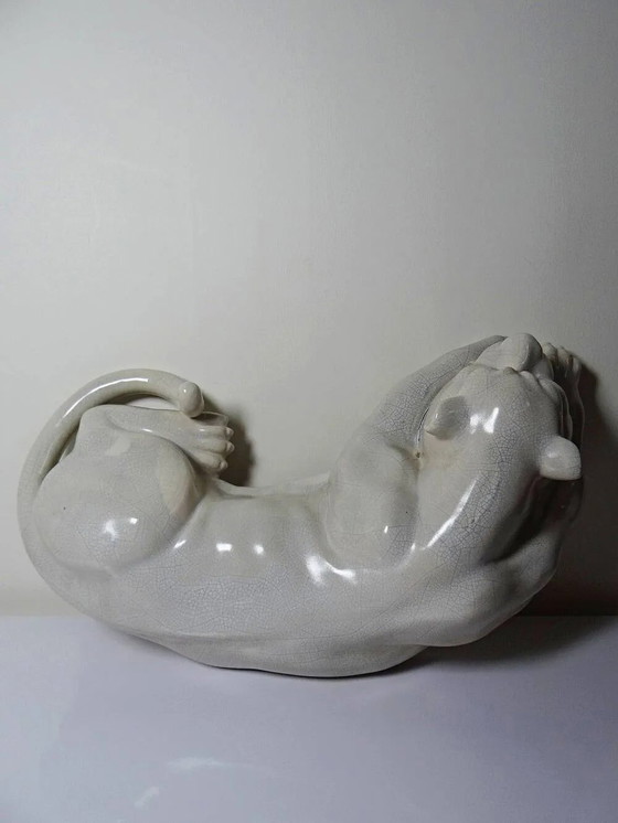Large elongated panther in crackled earthenware, vintage 1960s-1980s. – Decorative Objects, Porcelain (photo 11 of 16)