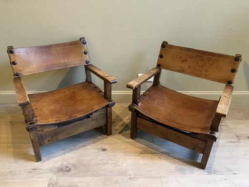 Set van 2 Spaanse brutalistische stoelen – stoelen fauteuils, Leather, Metal