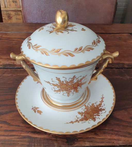 Authentic Limoges broth cup with under-dish, hand-painted and gilded