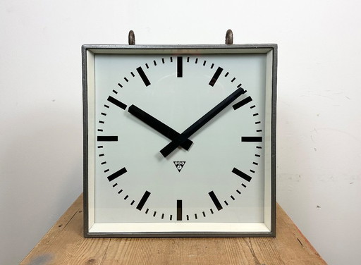 Large Square Industrial Double-Sided Factory Hanging Clock from Pragotron, 1970s