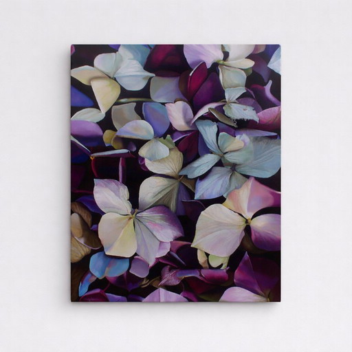 Realistic Hydrangea Painting: Moody Purple Blue Floral Wall Art, Detailed Flower Botanical Decor