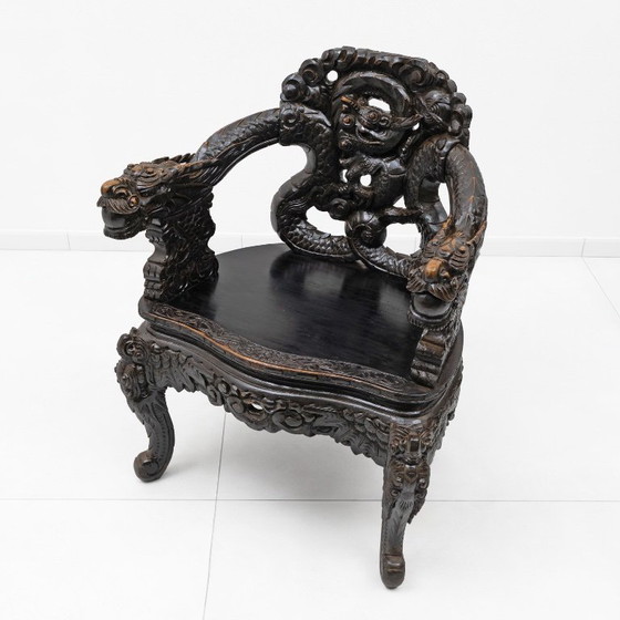 Image 1 of Pair of Chinese Qing Dynasty Carved Dragon Armchairs, Ebonized Hardwood, 19th