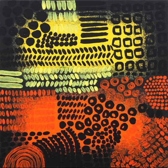 Image 1 of Orange, black and yellow abstract acrylic painting on stretched canvas