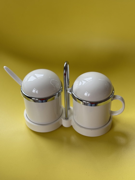 Image 1 of Vintage Emsa melk en suiker set – retro wit kunststof & chroom – West-Duits design jaren 70/80