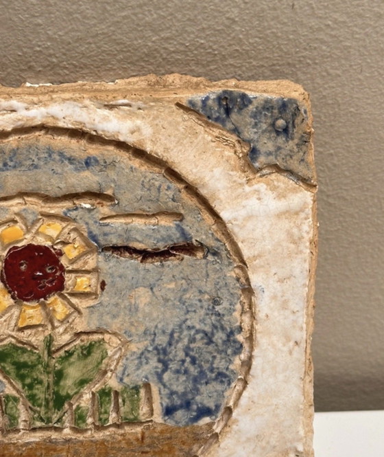 Image 1 of Brutalist Studio Ceramics | Sunflower Relief | Vintage Folk Art 1970s