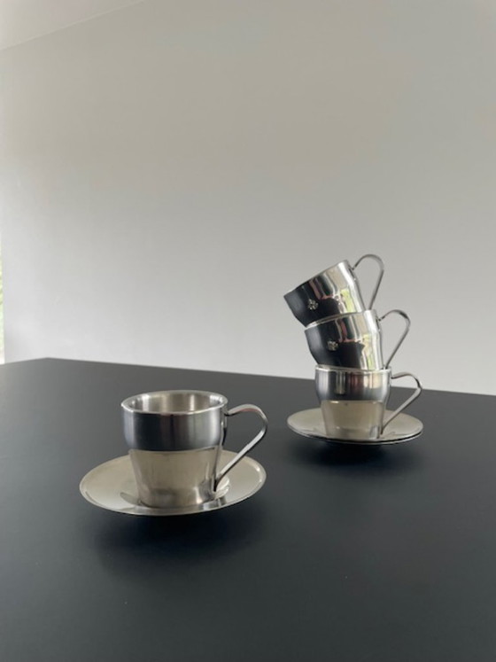 Image 1 of Set of 4 stainless steel espresso cups with saucers