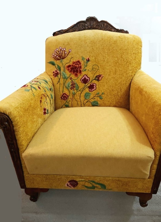 Image 1 of Fauteuil vintage de style Louis XV/rococo – Restauré, brodé à la main