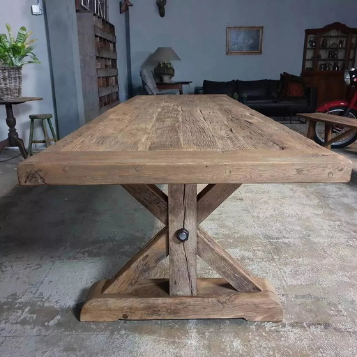 Table en Chene Massif Ancien Type Ferme Pieds Etoile - Longueur 250 cm