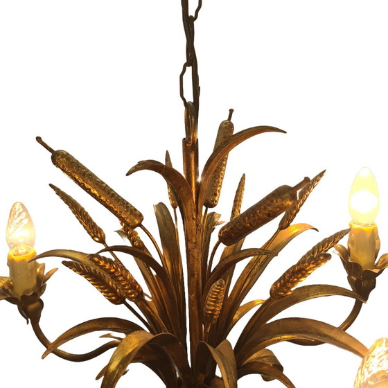 Image 1 of Lampadario vintage placcato oro con spighe di grano e tifa, anni '60