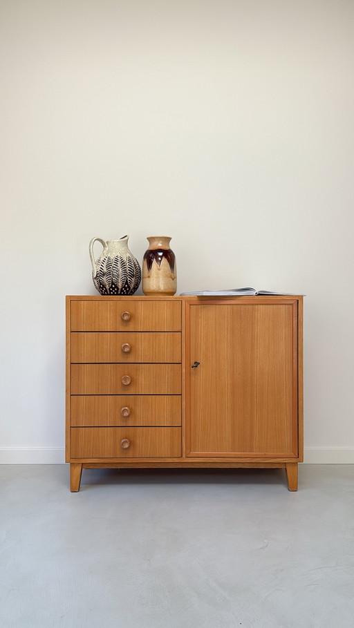 Vintage wooden cabinet with 5 drawers and 1 door