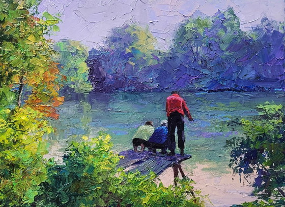 Image 1 of Dipinto ad olio originale Paesaggio naturale Foresta Fiume Pesca mattutina