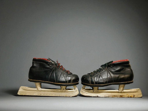 Patins à glace vintage en cuir noir de l'URSS des années 1950